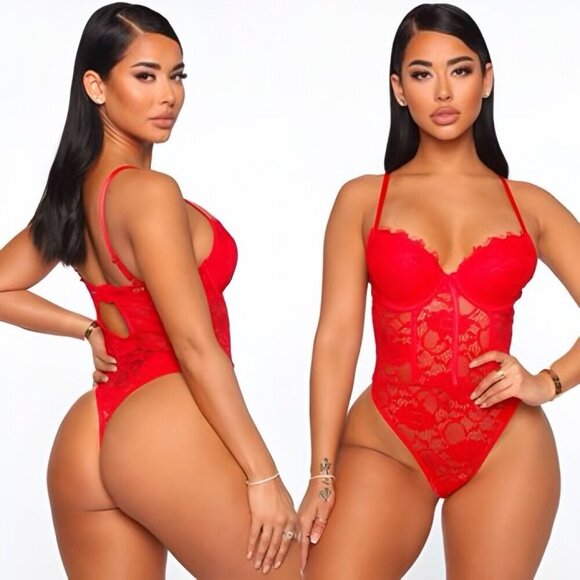 Fashion Nova ✦ “One Last Kiss” Lace Teddy ✦ Red Underwire Bodysuit w/ Thong Back - Picture 4 of 8